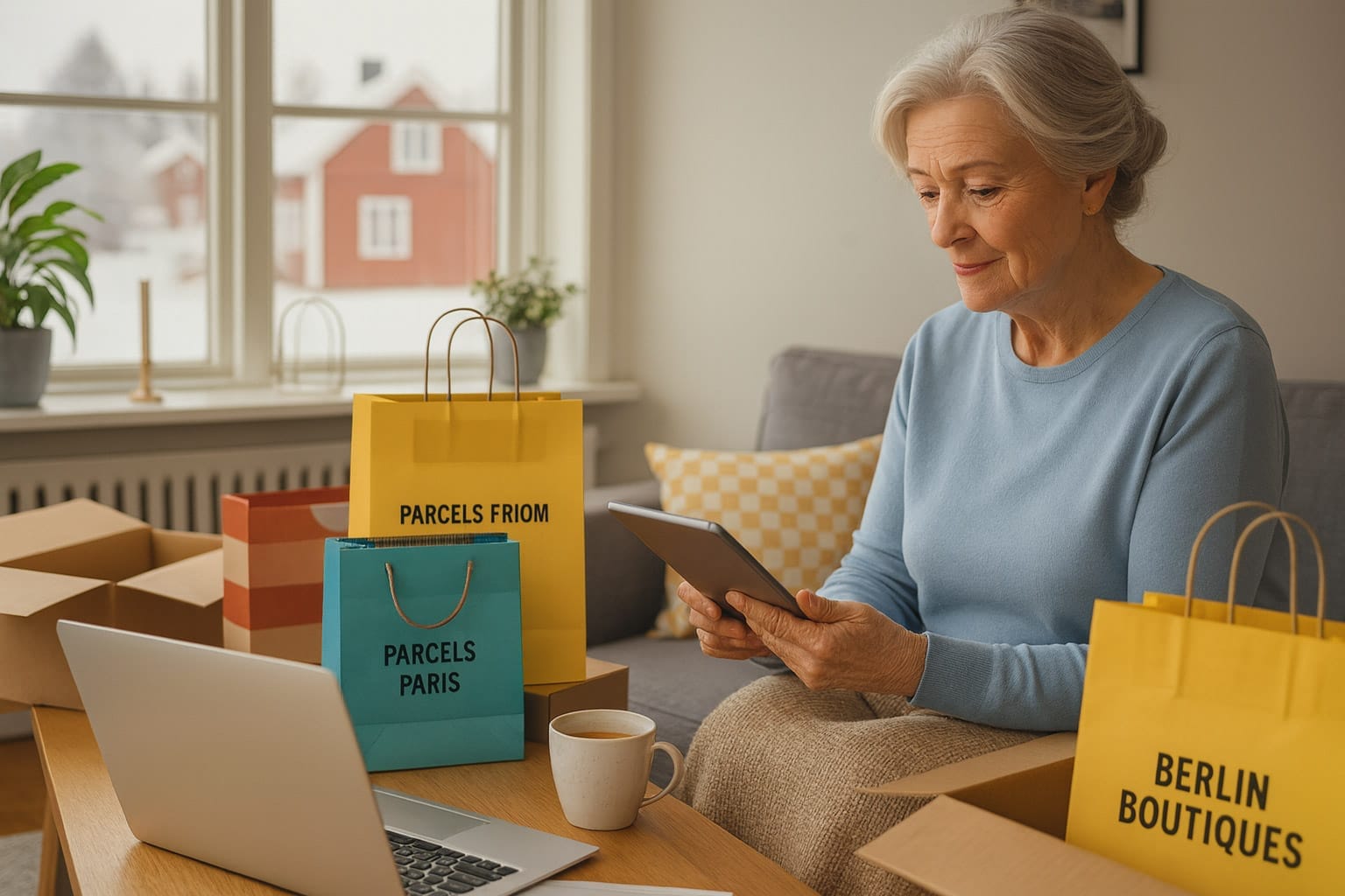 En ai-genererad äldre dam handlar via internet när hon sitter i soffan